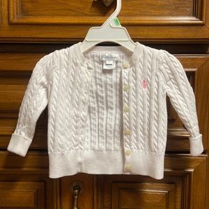 Infants 9M Designer Ralph Lauren White Knit Sweater Button up w/ Pink Logo